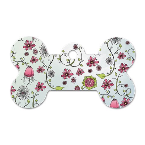 Pink whimsical flowers on blue Dog Tag Bone (One Sided) from ArtsNow.com Front