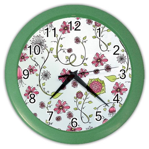 Pink whimsical flowers on blue Wall Clock (Color) from ArtsNow.com Front