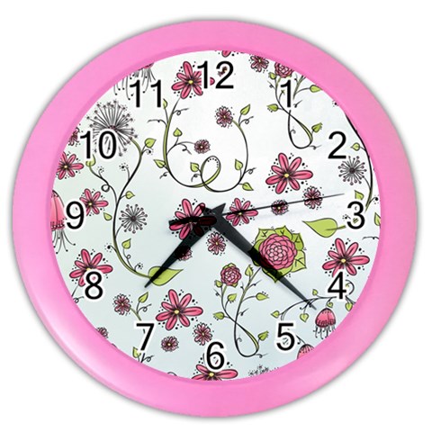 Pink whimsical flowers on blue Wall Clock (Color) from ArtsNow.com Front