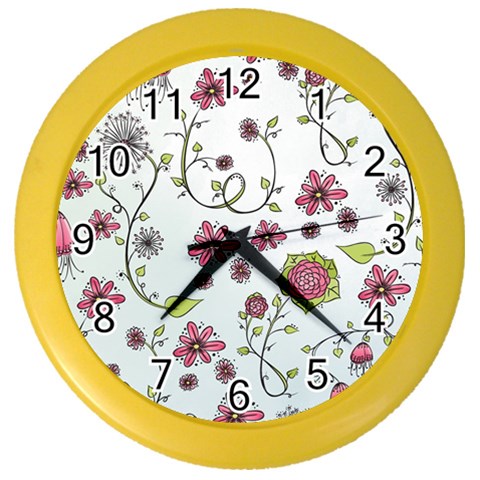 Pink whimsical flowers on blue Wall Clock (Color) from ArtsNow.com Front