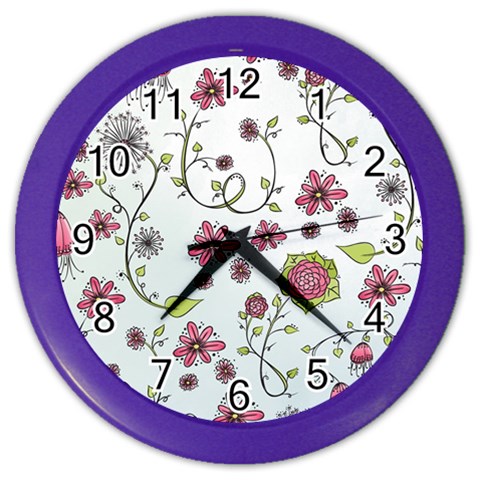 Pink whimsical flowers on blue Wall Clock (Color) from ArtsNow.com Front