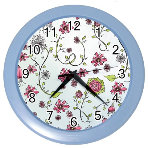 Pink whimsical flowers on blue Wall Clock (Color) from ArtsNow.com Front