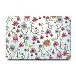 Pink whimsical flowers on blue Small Door Mat