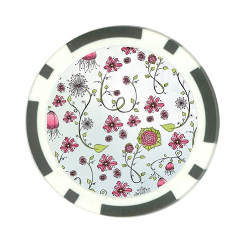 Pink whimsical flowers on blue Poker Chip from ArtsNow.com Front