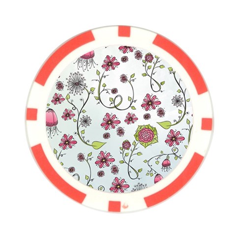 Pink whimsical flowers on blue Poker Chip from ArtsNow.com Front