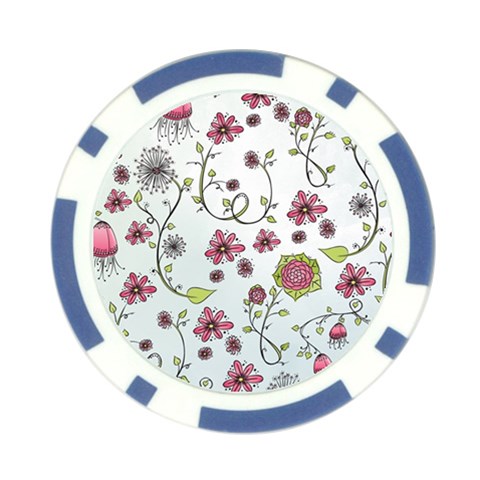 Pink whimsical flowers on blue Poker Chip from ArtsNow.com Front