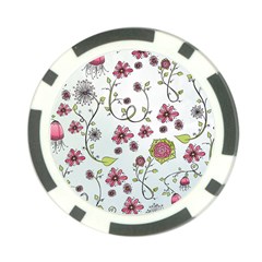 Pink whimsical flowers on blue Poker Chip from ArtsNow.com Front