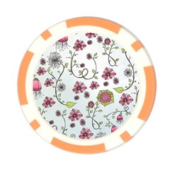 Pink whimsical flowers on blue Poker Chip from ArtsNow.com Front