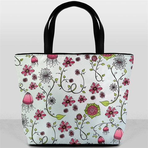 Pink whimsical flowers on blue Bucket Handbag from ArtsNow.com Front