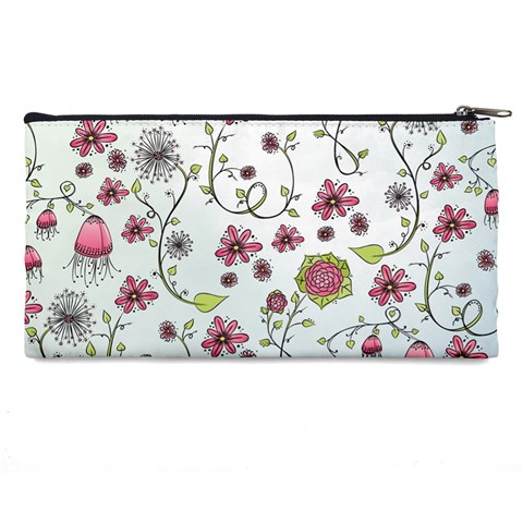 Pink whimsical flowers on blue Pencil Case from ArtsNow.com Back