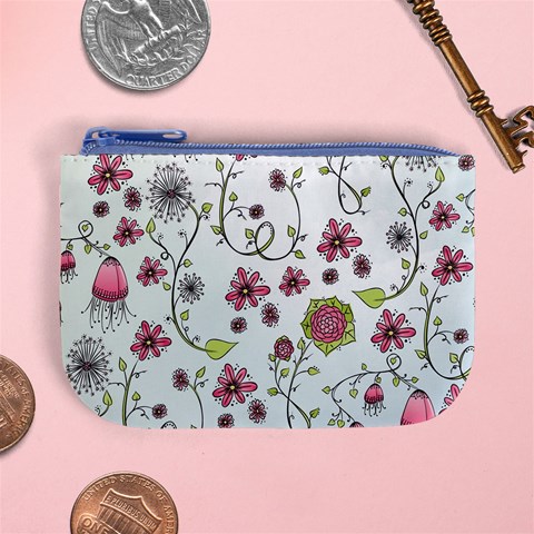 Pink whimsical flowers on blue Coin Change Purse from ArtsNow.com Front