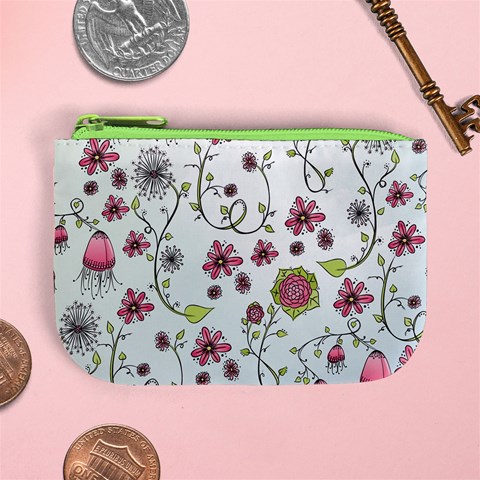 Pink whimsical flowers on blue Coin Change Purse from ArtsNow.com Front