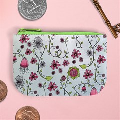 Pink whimsical flowers on blue Coin Change Purse from ArtsNow.com Front