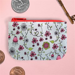 Pink whimsical flowers on blue Coin Change Purse from ArtsNow.com Front