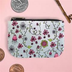 Pink whimsical flowers on blue Coin Change Purse from ArtsNow.com Front