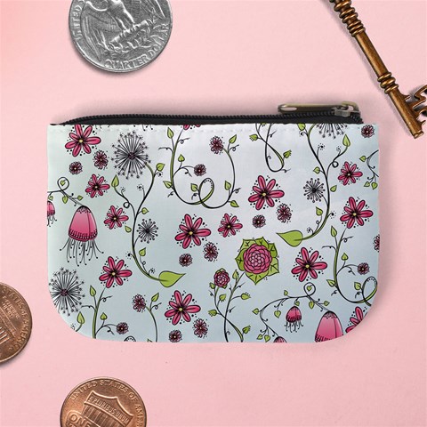 Pink whimsical flowers on blue Coin Change Purse from ArtsNow.com Back