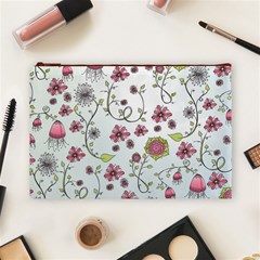 Pink whimsical flowers on blue Cosmetic Bag (Large) from ArtsNow.com Front