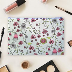 Pink whimsical flowers on blue Cosmetic Bag (Large) from ArtsNow.com Back