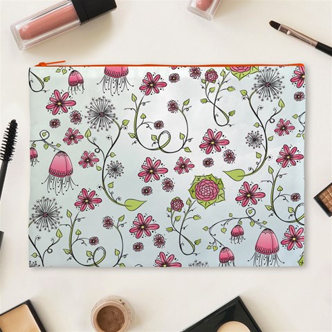 Pink whimsical flowers on blue Cosmetic Bag (XL) from ArtsNow.com Front