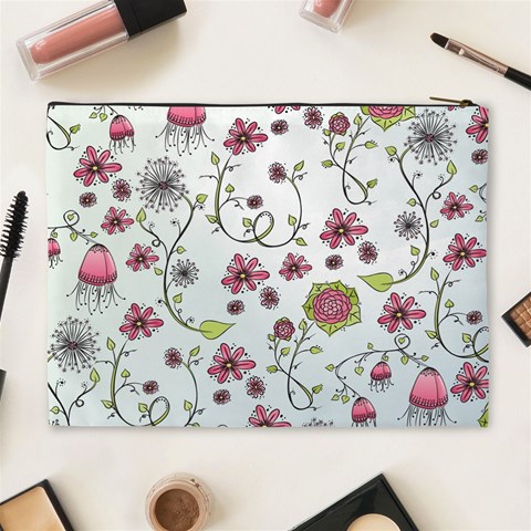 Pink whimsical flowers on blue Cosmetic Bag (XL) from ArtsNow.com Back