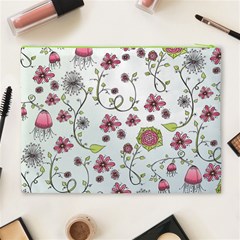 Pink whimsical flowers on blue Cosmetic Bag (XL) from ArtsNow.com Back