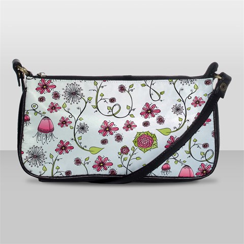 Pink whimsical flowers on blue Evening Bag from ArtsNow.com Front