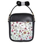 Pink whimsical flowers on blue Girl s Sling Bag