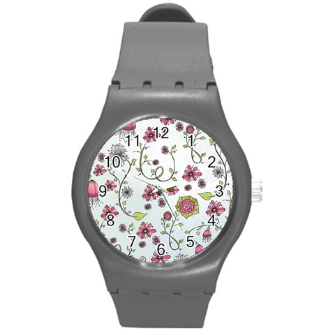 Pink whimsical flowers on blue Plastic Sport Watch (Medium) from ArtsNow.com Front