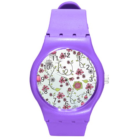 Pink whimsical flowers on blue Plastic Sport Watch (Medium) from ArtsNow.com Front