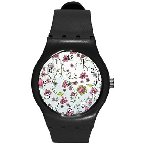 Pink whimsical flowers on blue Plastic Sport Watch (Medium) from ArtsNow.com Front