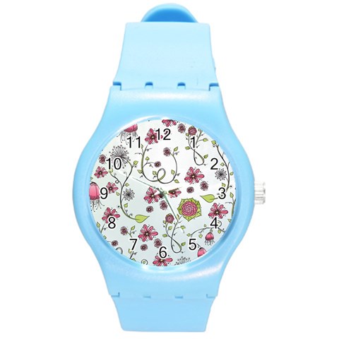 Pink whimsical flowers on blue Plastic Sport Watch (Medium) from ArtsNow.com Front