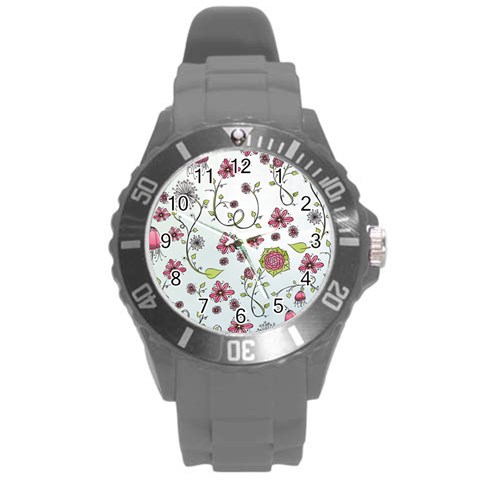 Pink whimsical flowers on blue Plastic Sport Watch (Large) from ArtsNow.com Front