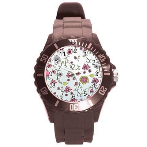 Pink whimsical flowers on blue Plastic Sport Watch (Large) from ArtsNow.com Front