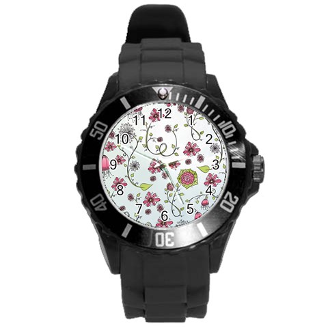 Pink whimsical flowers on blue Plastic Sport Watch (Large) from ArtsNow.com Front