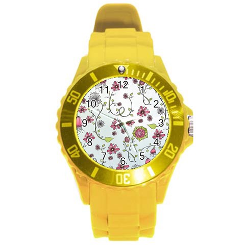 Pink whimsical flowers on blue Plastic Sport Watch (Large) from ArtsNow.com Front