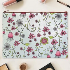 Pink whimsical flowers on blue Cosmetic Bag (XXXL) from ArtsNow.com Front