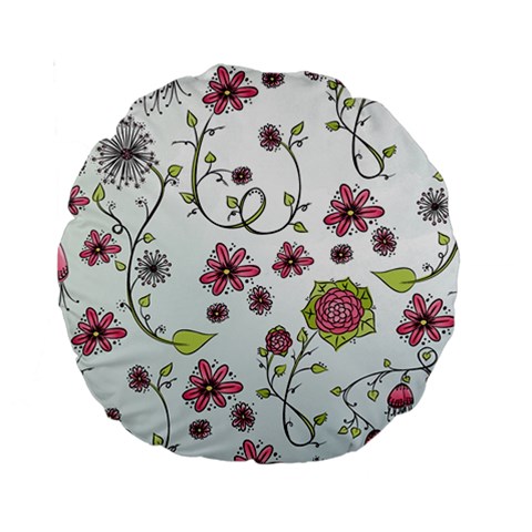 Pink whimsical flowers on blue 15  Premium Round Cushion  from ArtsNow.com Front