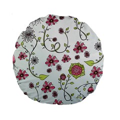 Pink whimsical flowers on blue 15  Premium Round Cushion  from ArtsNow.com Front