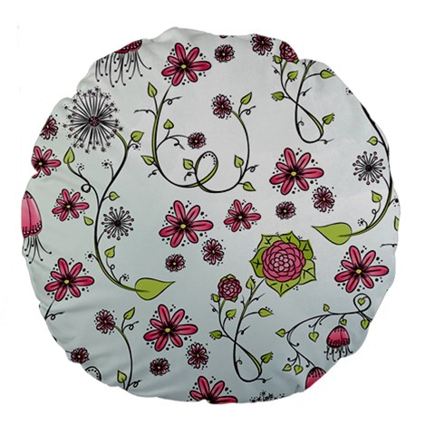 Pink whimsical flowers on blue 18  Premium Round Cushion  from ArtsNow.com Back