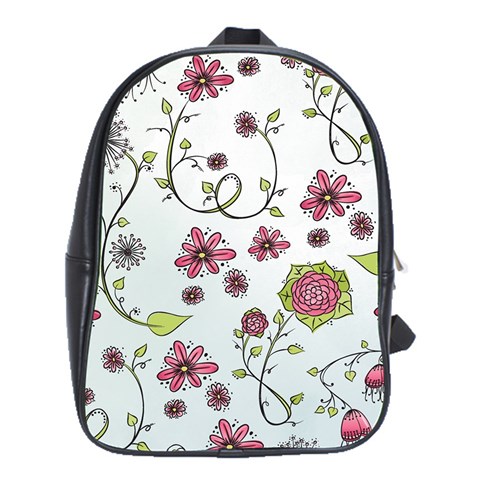 Pink whimsical flowers on blue School Bag (XL) from ArtsNow.com Front