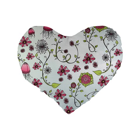 Pink whimsical flowers on blue 16  Premium Heart Shape Cushion  from ArtsNow.com Back