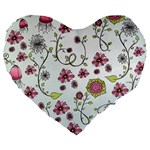 Pink whimsical flowers on blue 19  Premium Heart Shape Cushion