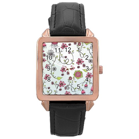 Pink whimsical flowers on blue Rose Gold Leather Watch  from ArtsNow.com Front