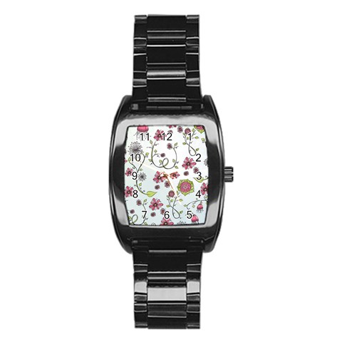 Pink whimsical flowers on blue Stainless Steel Barrel Watch from ArtsNow.com Front