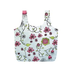 Pink whimsical flowers on blue Reusable Bag (S) from ArtsNow.com Front