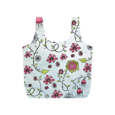 Pink whimsical flowers on blue Reusable Bag (S) from ArtsNow.com Back