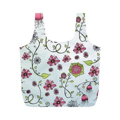 Pink whimsical flowers on blue Reusable Bag (M) from ArtsNow.com Front