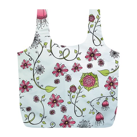 Pink whimsical flowers on blue Reusable Bag (L) from ArtsNow.com Back