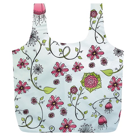 Pink whimsical flowers on blue Reusable Bag (XL) from ArtsNow.com Front