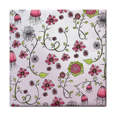 Pink whimsical flowers on pink Ceramic Tile from ArtsNow.com Front